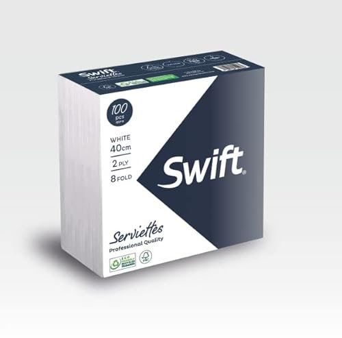 Swift Paper Napkins Serviettes 100 Pack 2Ply 40x40 cm 8 Fold Soft White Disposable Tissue for Dinner, Office, Christmas, Kitchen, Party, Birthday, Weeding, Restaurant, Picnic and Outdoor Events