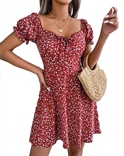 CheChury Robe Femme Été Chic Fleurie Légère Fluide à Manches Courtes Col Carré Imprimé Élégante de Plage, Rose, XL