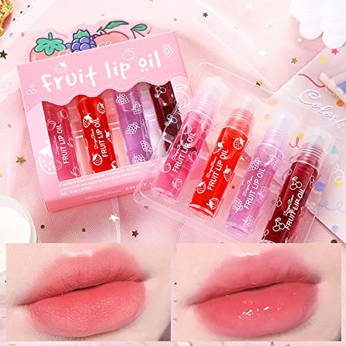 Alisesun - 4er Set Frucht-Roll-on Lipgloss, Kristallgelatine Flüssiger Lippenstift mit transparentem Lipgloss, Volumenlippenöl M