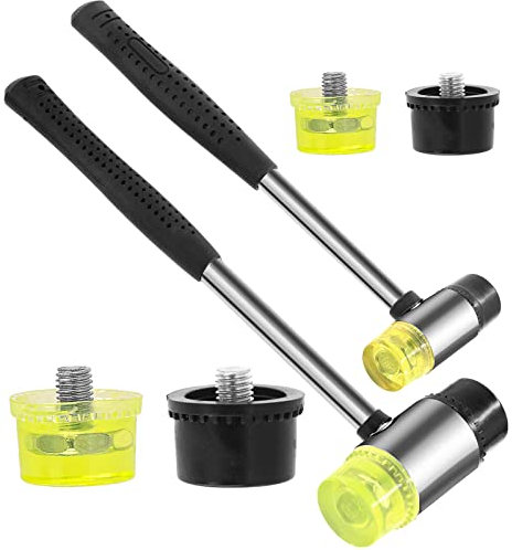 Rustark 6Pcs 2 Pack 25mm 35mm Double Faced Plastic and Rubber Hammer Mallet Set Double Head Small Mallet Jewelry Hammer W 4Pcs Replacement Heads Nylon Hammer Tool for Jewelry Leather Crafts Flooring
