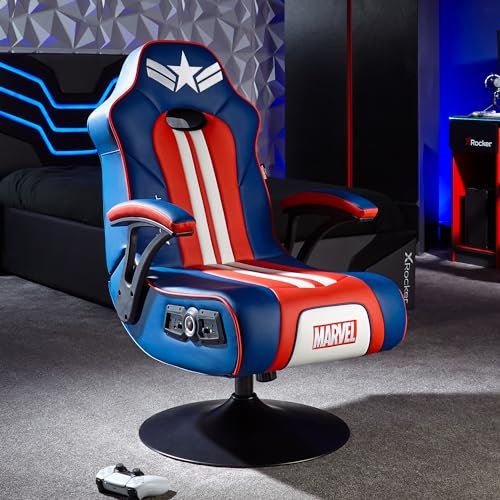 X-Rocker Official Marvel Captain America Gaming Chair, Folding Audio Gaming Pedestal with Wireless Bluetooth 2.1 Speakers, Sound Reactive Vibrating Chair Seat for Kids & Juniors - Elite Edition