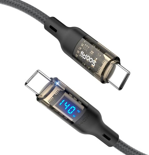 SOOPII USB C to USB C cable [140W 4ft],Fast Charging USB C Cable with LED display for MacBook Pro,lPhone 16/15/15 Pro/15Pro Max, Galaxy S23+/S23 Ultra/S22 Ultra and More,Transparent shell(Grey)