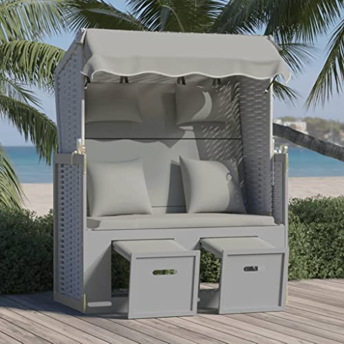 Strandkorb Deluxe mit Kissen Poly Rattan und Massivholz Grau, Volllieger Grau Polyrattan Rattanmöbel Outdoor Möbelsets Gartenmöbel Set Polyrattan