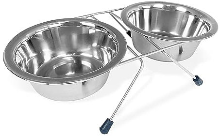 TIENDA EURASIA - Soporte 4 pies + 2 Tazones Redondos, Elevado, Acero Inoxidable, Comederos de Perros Grandes y Pequeños, Cuencos para Comer, Mascotas Grandes y Pequeñas (Soporte 2 Tazones 13,5 cm)