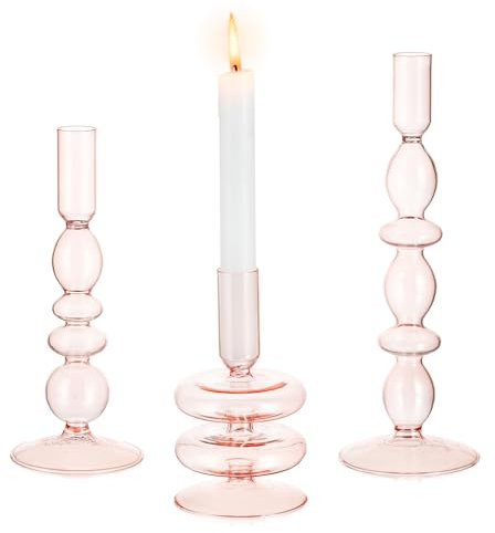 Glasseam Kerzenständer Glas, 3er Set Kerzenhalter für Stabkerzen, Rosa Stabkerzenhalter, Modern Kerzen Ständer für Esstisch Dekoration, Kerzenhalter Stabkerze für Weihnachten Hochzeit Zimmer Deko