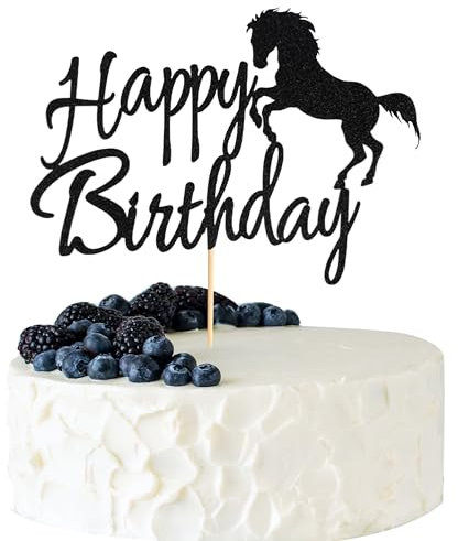 Arthsdite Horse Happy Birthday Cake Topper, Horse Racing Theme Birthday Party Decoration, Black Glitter