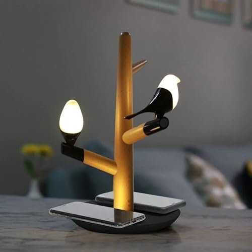Silamp Nachttischlampe, Vogel-Design, mit kabellosem Ladegerät und Zubehörhalter