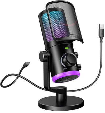 FIFINE PC Gaming Microphone,USB Streaming Microphone for Podcast,Gaming Chat,Condenser Desktop Microphone for Computer with RGB,Mute Button,Noise Cancelling for PS4/PS5/Twitch/Discord-AM6