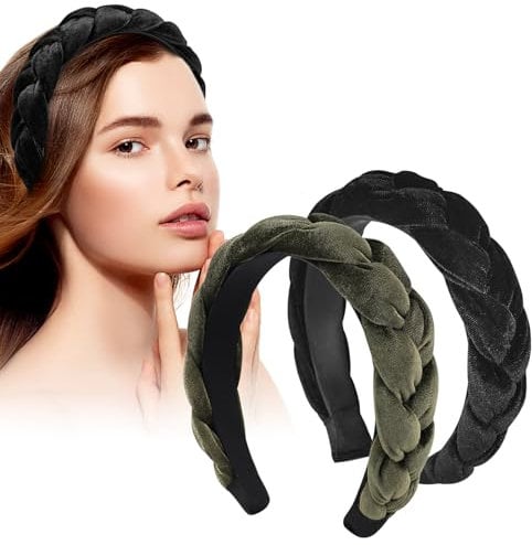 LOPHE Haarreifen Damen, 2 PCS Samt Haarreif Geflochten Stirnband, Haarreif Breit Schwarz Haarschmuck, Vintage Gepolsterte Haarreifen, Stirnbänder Kopfband für Damen und Mädchen