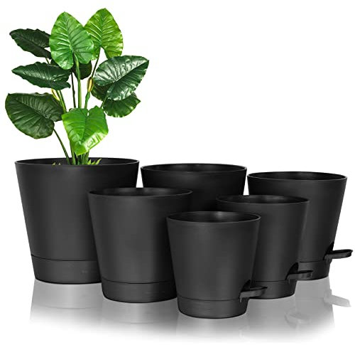 FORAGIFT Self-Watering Plant Pots Indoor, 20/17.5/16.5/15/14/12.5cm Plastic Flowerpots with Drainage Holes Saucer and Reservoir, Indoor Modern Decorative Planters for All House Plants, Black