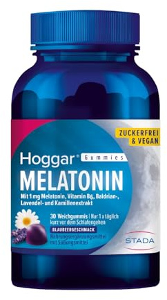 Hoggar Melatonin Gummies, Einschlafhilfe mit Lavendelextrakt, 30 St. | Schneller einschlafen, 1 mg Melatonin + Vitamin B6 + Baldrian, Lavendel & Kamille, zuckerfrei, vegan, Blaubeergeschmack