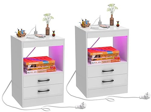 Lvhecforhm Table de Chevet avec Station de Charge, Lot de 2, Lumière LED Réglable Table de Chevet, Table de Chevet avec Prise et Port USB, Meuble de Rangement Moderne avec Tiroir Brillante Caché Blanc