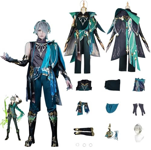 Daotutu Spiel Genshin Impact Cosplay Kostüm Outfit Rolle Alhaitham Cosplay Uniform Komplettset Set Halloween Karneval Party Dress Up Anzug mit Perücke (3XL)