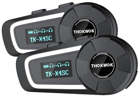 THOKWOK Intercom Moto Duo pour 6 Casques, TK-X4SC Ecouteur Bluetooth pour Casque Moto, Kit Main Libre Oreillette avec Affichage LCD/Stéréo Hi-FI/Partage de Musique, Communication Système de 2000M