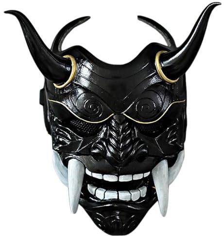 Samurai Mask Oni Maske, Latex japanische Hannya -Maske, beängstigende Vollgesicht Samurai -Maske mit Reißzähne und Ochsenhorn, 11x9,5 Horror Devil Mask mit Elastizität Band für Halloween, Maskerade,