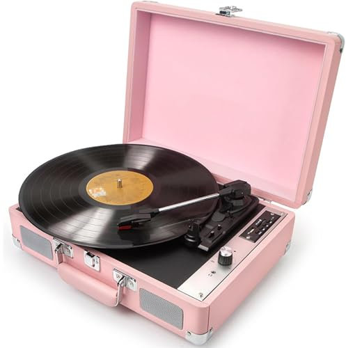 Bluetooth Vinyl Record Player, 3-Speed Turntable with Speakers Vinyl Record Portable Belt-Driven Record Player Vintage Turntable,Pink