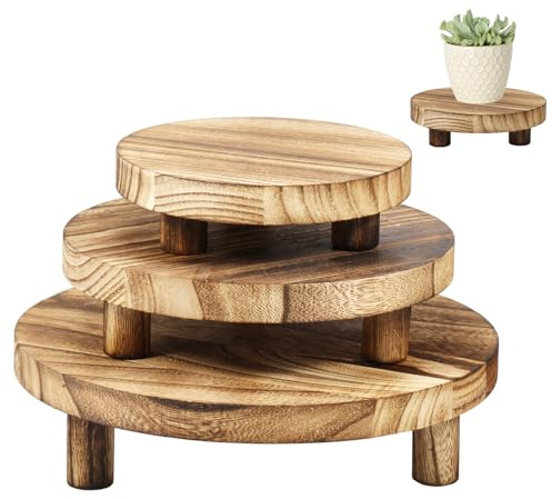 3Pcs Wooden Stool Display Stand, 3 Sizes Round Wood Plant Stand, Vintage Wood Grain Plant Holder with Removable Feet Holds up to 50lbs, Wood Plant Riser Stand for Indoor Outdoor Home Patio Decor