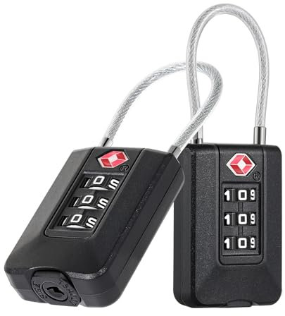 ZHEGE Suitcase Locks, TSA Approved Luggage Locks with Flexible Cable, TSA Lock with White Numbers, 3 Digit Travel Padlocks for Luggage, Backpack, Laptop Bag, Tent, Lockers (2P, Black)