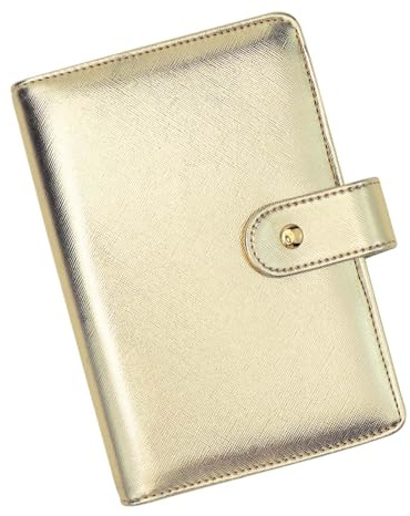 XiowDow A6 Budget-Ordner, PU-Leder, Notizbucheinband, 6 goldene Ringe, nachfüllbar, lose Blätter, persönlicher Planer, Organizer mit goldenem Druckknopfverschluss für Tagebuch, Reisen (goldener