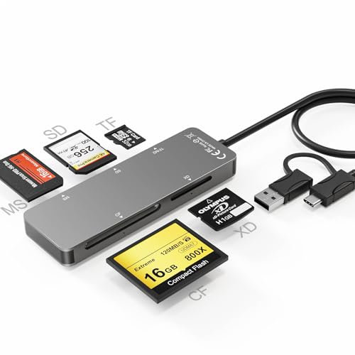 USB C USB 3.0 Memory Stick Pro Duo Card Reader, 6 in 1 SD/TF/M2/MS/CF/XD Picture Card Reader for Computer/Android/Micro SD/, Multi Card Reader Supports 5Gbps Speed, Five Cards Read Simultaneously