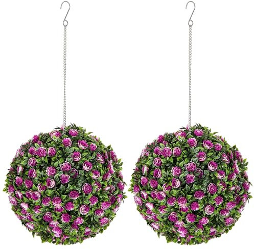 HOMCOM Set of 2 Decorative Artificial Plants, UV-protected Artificial Plant Topiary Rose Balls, Fake Plants for Home Indoor outdoor Decor, 28cm, Purple