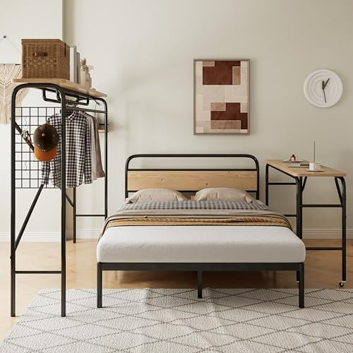 FAYICIC Metallbett,Flachbetten + Tisch + Vertikaler Garderobenständer,Tisch mit Rädern,Kompletter Satz Schlafzimmermöbel,Metall+MDF,Schwarz + Natur,140x200