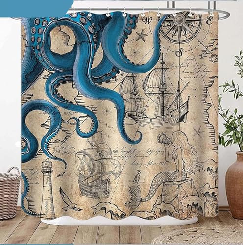 Hopomoon Rideau de douche Octopus pour salle de bain imperméable et résistant à l'humidité Style nautique rétro Vert 200 x 180 cm