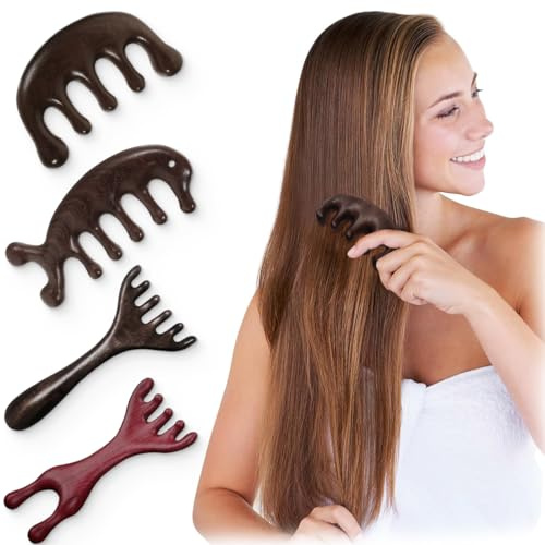 KUMSODE 4 Stück Kopfhaut Massagekamm Holzkamm, natürlicher Sandelholzkamm kein statischer Kamm mit breiten Zähnen Kopfmassage Stimulator Gua Sha Kamm Körpermassage Werkzeug für Männer und Frauen