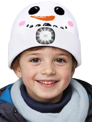 SPGOOD Wiederaufladbare mütze mit LED licht für Kinder, für Jungen und Mädchen, abnehmbare und waschbare warme beleuchtete mütze mit Lampe für den Winter im Freien(Weiß-Yeti)