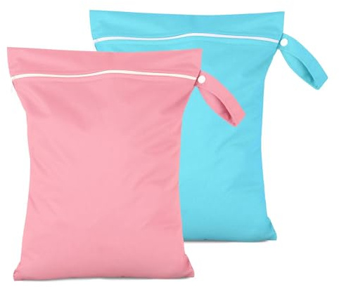 Iridsmole 2Pcs Travel Laundry Bags, 40 × 30cm Wet Bags for Swimming, Waterproof Dirty Clothes Bag for Traveling, Nappy Bags with Zipper, Lightweight Wet Dry Bag, Dirty Laundry Bag (Pink & Blue)