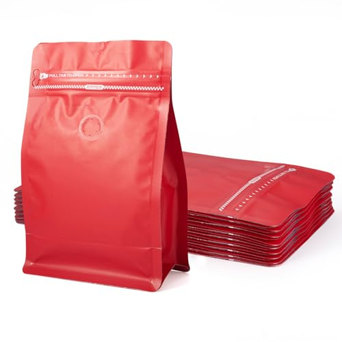 Crafans 10Pcs Coffee Beans Bags with Valve Zipper Coffee Storage Bags Zipper Bag Rectangle Flat Bottom Standing Resealable Pouches Heat Seal Side for Candy Snake Cookies Storage, Red