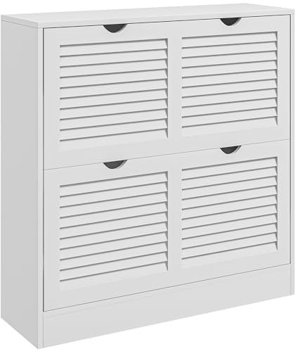 HOMCOM 2 Drawers Entryway Shoe Cabinet, Narrow Shoe Storage Cabinet with 2 Flip Drawers, Louvred Door Design and Adjustable Shelves for 16 Pairs of Shoes, White