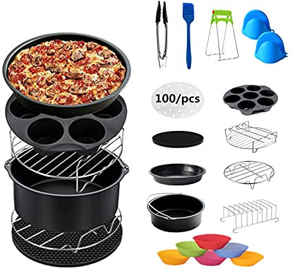 Versatile 13 Piece Air Fryer Supplies Set with Baking Barrel, Pizza Pan, Grill Grid and Egg Bite Trays Compatible with Standard Air Fryer Sizes