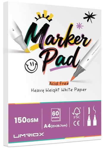 Umriox Marker Paper Pad,Double-Sided Bleedproof A4 Sketchbook for Alcohol Markers,60 Sheets 150GSM Drawing Pad,Tearable Acid Free Glue-Binding Sketch Book for Artists Kids Adults