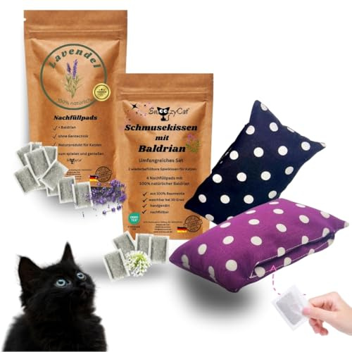 SNOOZYCAT® Premium Katzenkissen 2er Set + 14 Nachfüllpads – 10x Lavendel & Baldrian, 4X Baldrian pur, wiederbefüllbares Katzenspielzeug aus Oeko-TEX® Baumwolle