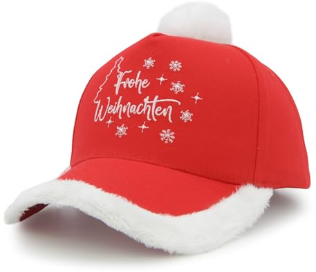 Toopdun Frohe Weihnachten Baseballcap für Damen Herren, Lustige Plüsch Baumwoll Santa Mütze mit Stickerei und Pelz Pompon für Silvesterparty