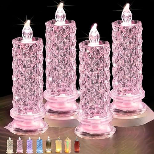 4 Stück Rose Shadow Led Flameless Candle Lights,Set of 4 LED Crystal Candle Lights,Rose Shadow LED-Flammenlose-Kerzen,Romantische batteriebetriebene Säule Kerzen für Hochzeit,Weihnachte Deko (Pink)