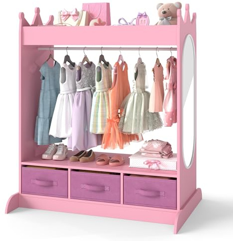 Kids Wardrobe Clothes Rail with Drawers and Mirror, Dress up Rail Closet | Children's Wardrobe, Girls Room, Open Wardrobe, Storage Organizer, Shelf, Crown Top, Wide Base, Kids Bedroom Furniture, Pink