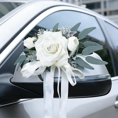 DBREAKS 2 Stück Hochzeit Autoschmuck Blumen mit Saugnäpfen Weiß | Weiße Hochzeitsblumen mit Saugnäpfen, für Türgriff und Rückspiegel, rückstandsfrei, Braut-Auto-Schmuck außen