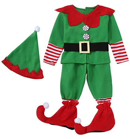Raopuzi Disfraz Elfo Niño Disfraces Navidad Bebe Traje de Elfa Navideño Conjunto de Duende a Rayas Rojas Y Verdes Camiseta Pantalón Botas Y Gorro Ropa Fiesta Escolar Y Espectáculos Outfit