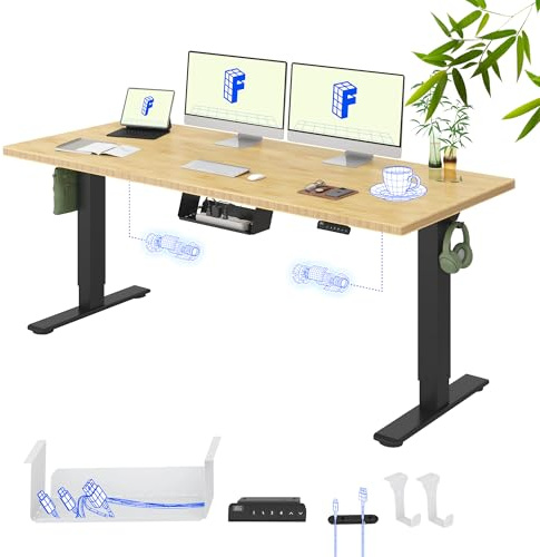 FLEXISPOT Höhenverstellbarer Schreibtisch 180×80 cm, Doppelmotor, Einteilige 19 mm Bambus-Tischplatte, 4 Speicherhöhen, LED Anzeige, Ergonomischer Büro- und Computertisch (Schwarzes Gestell)