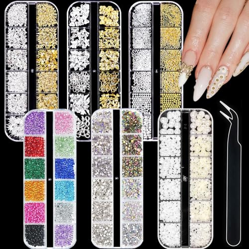 6 Boxes Bedazzling Kit - 3D Nail Charms with Gems, Rhinestones, Bows, Stars & Pearls in Gold & Silver, Includes Tweezers for Women Girls Nail Art DIY