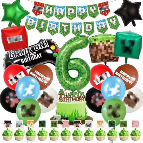 world ballons Pixel Luftballons Geburtstag Deko 6 Jahre Junge Mädchen- 6 Jahr Geburtstagsdeko Miner Kindergeburtstag Birthday Banner Balloons Tortendeko Folienballons für Spiel Party Supplies Deko
