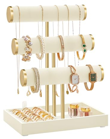 SONGMICS Schmuckhalter, Schmuckständer, 3 Armbandhalter, Schmuck-Organizer, mit Tablett aus Samt, abnehmbarer Ringhalter, cremeweiß-blassgold JJS027W101