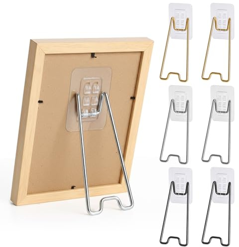 6 Stück Fotorahmen Staffelei Metall, Bilderrahmenständer zum Schrauben | Halterung mit Selbstklebend Pad für Fotoframe, Schwarz Silber Gold