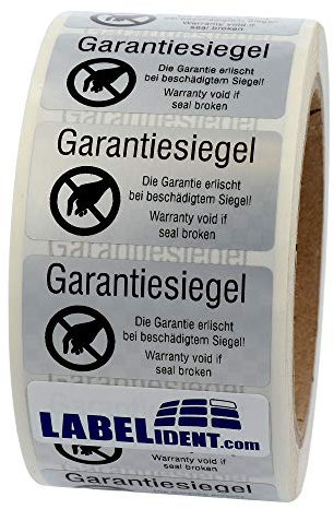 Siegeletiketten 50,8 x 25,4 mm - Garantiesiegel -Die Garantie erlischt bei beschädigtem Siegel - 1.000 Sicherheitssiegel als Verschlussetiketten auf 1 Rolle(n)