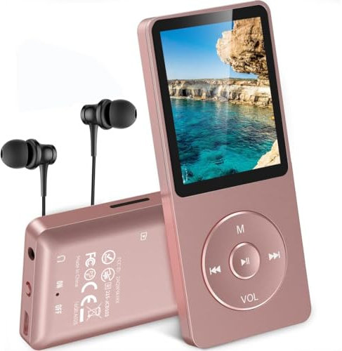 AGPTEK MP3 Player, 16GB verlustfrei MP3 mit 1,8 Zoll Bildschirm, 70 Stunden Wiedergabezeit tragbare Musik Player mit Kopfhörer, mit FM Radio, Bilder, Aufnahmen, E Buch, bis 128GB TF Karte, Rosagold