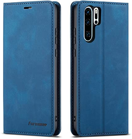 QLTYPRI Case for Huawei P30 Pro, Premium PU Leather Cover TPU Bumper with Card Holder Kickstand Hidden Magnetic Adsorption Shockproof Flip Wallet Case Compatible with Huawei P30 Pro - Blue