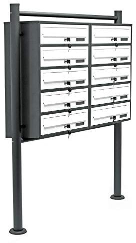 Wiltec 10er Briefkastenanlage Weiß/Anthrazit 898 x 270 x 1500 mm, Standbriefkasten mit 2x5 Fächern, Schlüssel und Namensschild, Briefkasten Postkasten mit Ständer