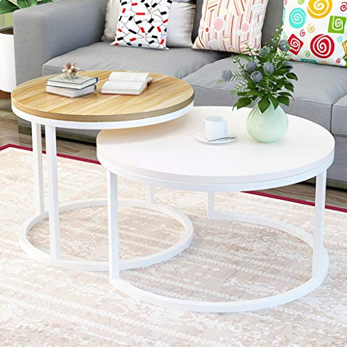 LAMXF Couchtisch für Wohnzimmer Modern Round, Sofatische Säulentische für kleine Räume, Holzplatte Metallrahmen, Klein + Groß